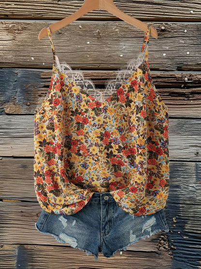 Dame sommer-top med blomsterprint og blonder – afslappet camisole til hverdag og ferie