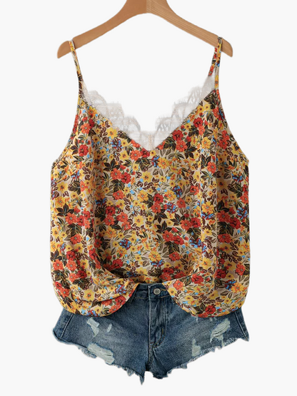 Dame sommer-top med blomsterprint og blonder – afslappet camisole til hverdag og ferie