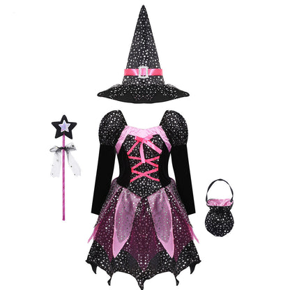 Set costume Halloween enfant sorcière avec chapeau, robe, baguette magique et sac – Parfait pour fêtes d’Halloween et porte-à-porte