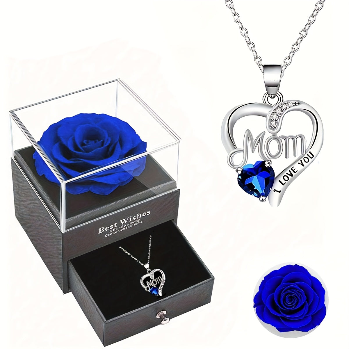 Damen Schmuckset Herz Halskette mit Anhänger 'Mom I Love You' und Geschenkbox mit Ewiger Rose – Elegantes Muttertagsgeschenk