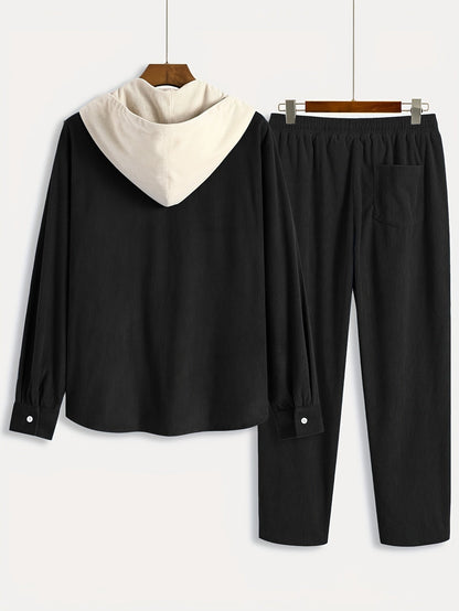 Conjunto de dos piezas para hombre con camisa tipo sudadera con capucha acanalada y pantalón jogger, traje informal