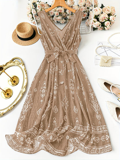 Damska sukienka maxi boho w kwiaty z paskiem w talii – elegancka letnia stylizacja na co dzień i na wakacje