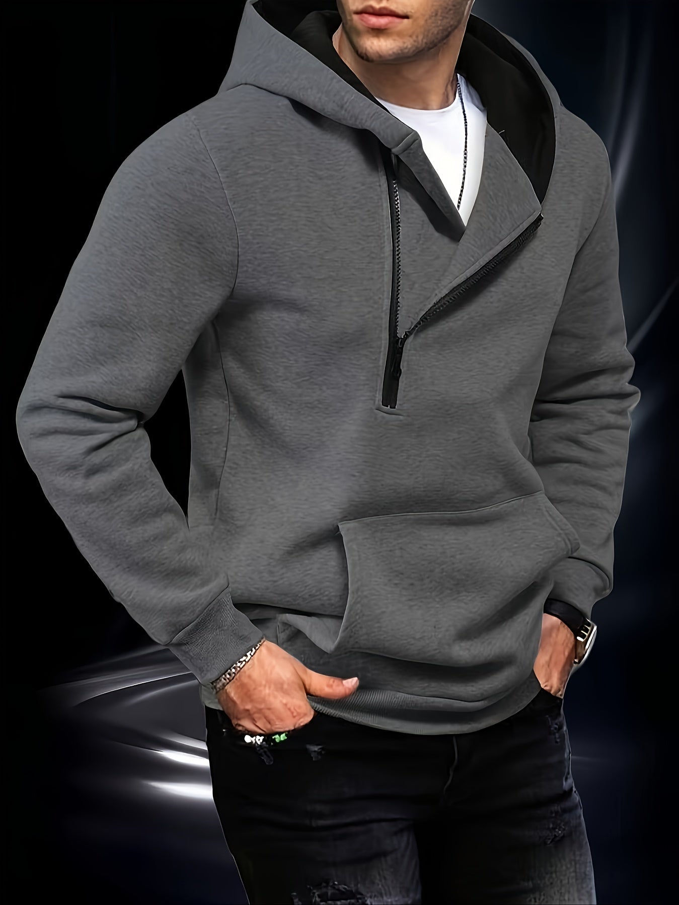 Herren Kapuzenpullover mit diagonalem Reißverschluss Kängurutasche