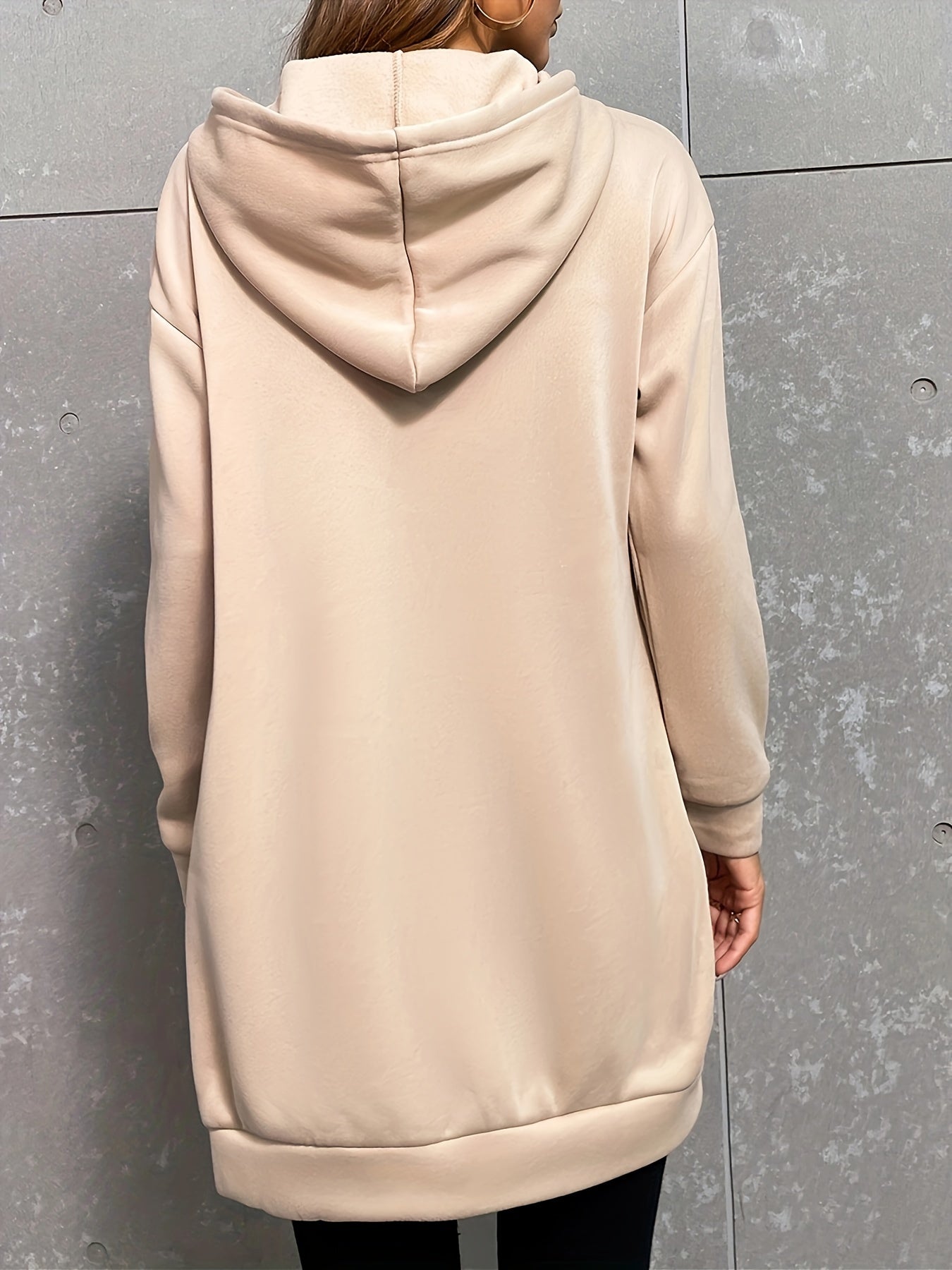 Damen Hoodie-Kleid Schwarz Langarm Kapuzenpullover Tunika Kängurutasche