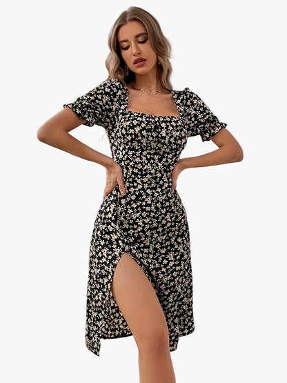 Robe midi femme à motif floral avec fente – Robe d'été élégante à manches bouffantes et encolure carrée