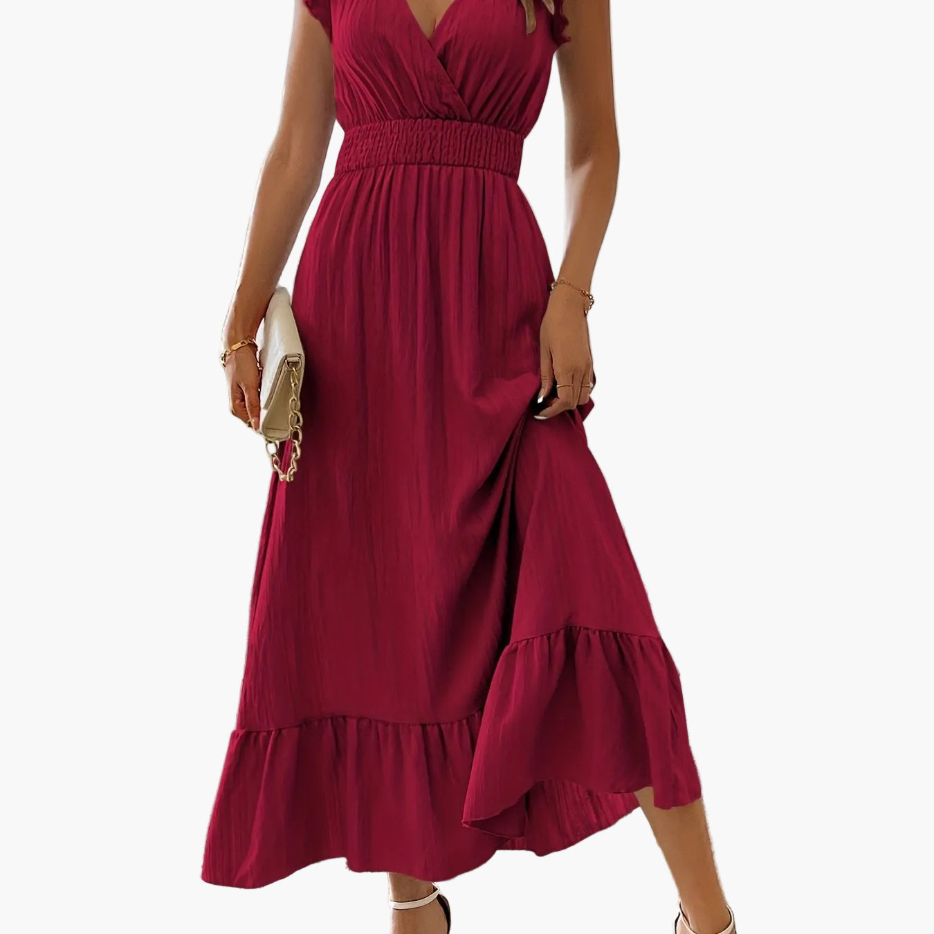 Robe longue élégante pour femme avec manches à volants et détail à la taille – Parfaite pour l'été et les vacances
