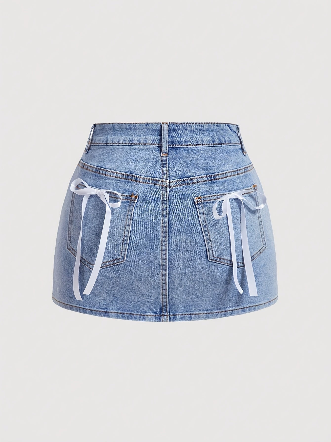 Gonna corta da donna in jeans con dettagli a fiocco e tasche – Gonna estiva alla moda per tempo libero e uso quotidiano