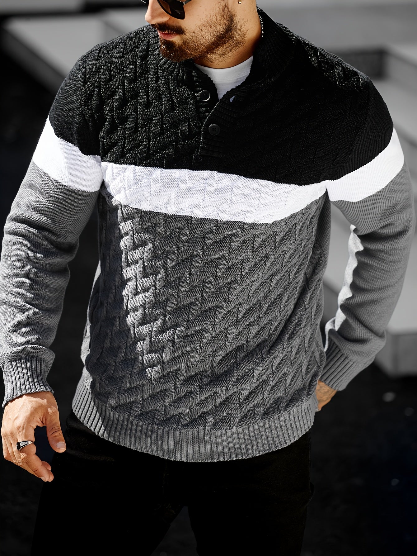 Herren Strickpullover Blockfarben Zopfmuster Stehkragen Knopfleiste