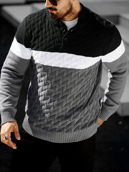 Herren Strickpullover Blockfarben Zopfmuster Stehkragen Knopfleiste