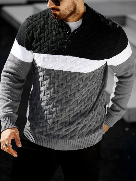 Herren Strickpullover Blockfarben Zopfmuster Stehkragen Knopfleiste