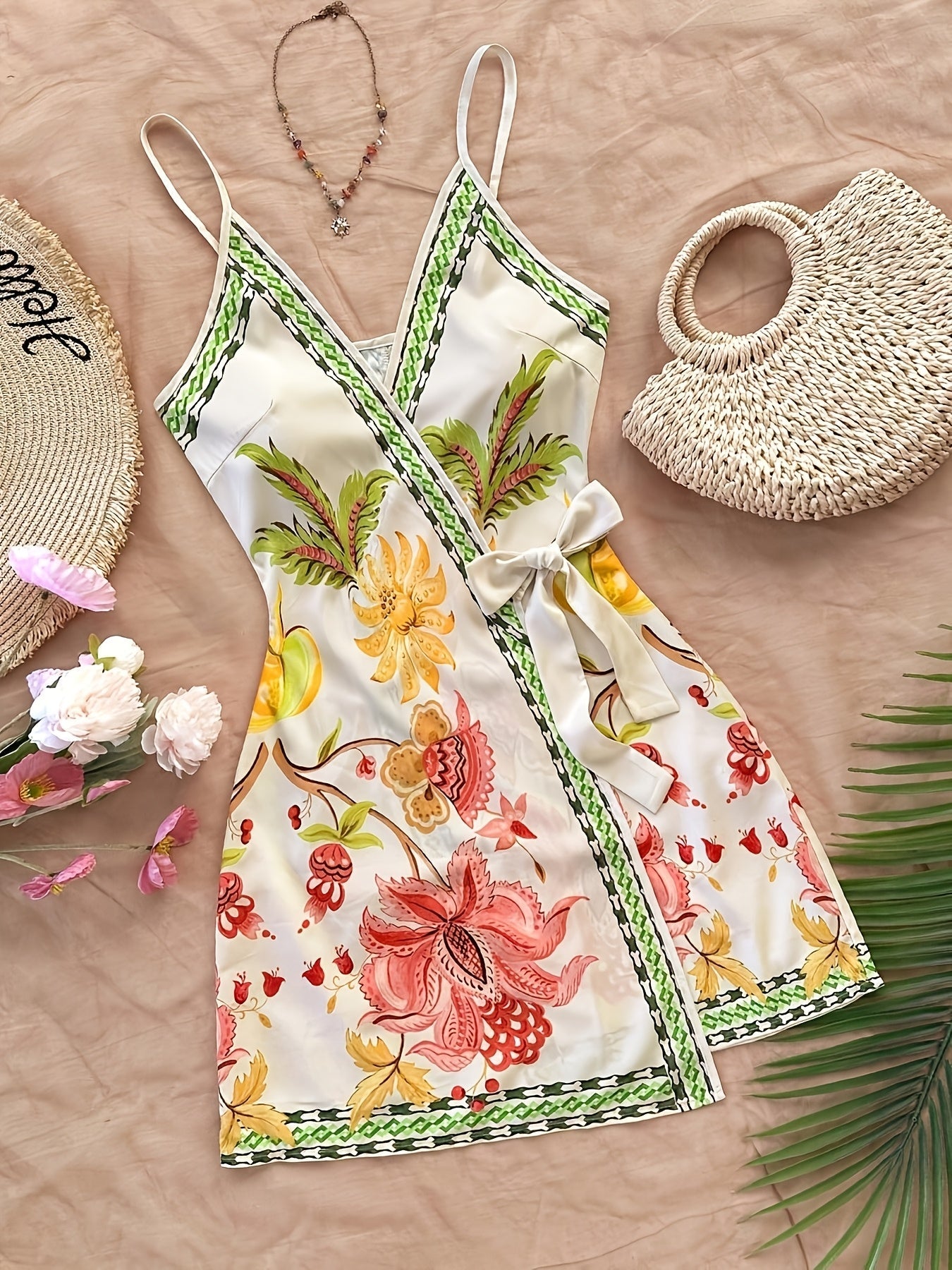 Damen Wickelkleid Sommer Tropischer Print – Blumen & Papagei, V-Ausschnitt, Freizeit & Strand