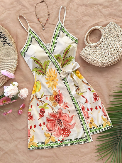 Damen Wickelkleid Sommer Tropischer Print – Blumen & Papagei, V-Ausschnitt, Freizeit & Strand