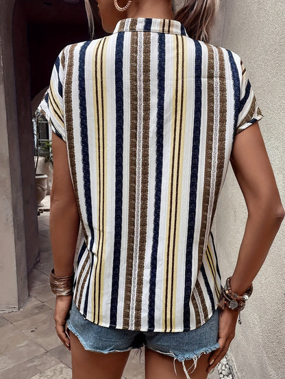 Dame elegant sommerbluse med stripemønster og V-hals – Perfekt for fritid og hverdag