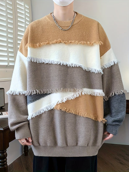 Unisex Patchwork Pullover mit Fransen Rundhals Langarm Strickpullover Mehrfarbig