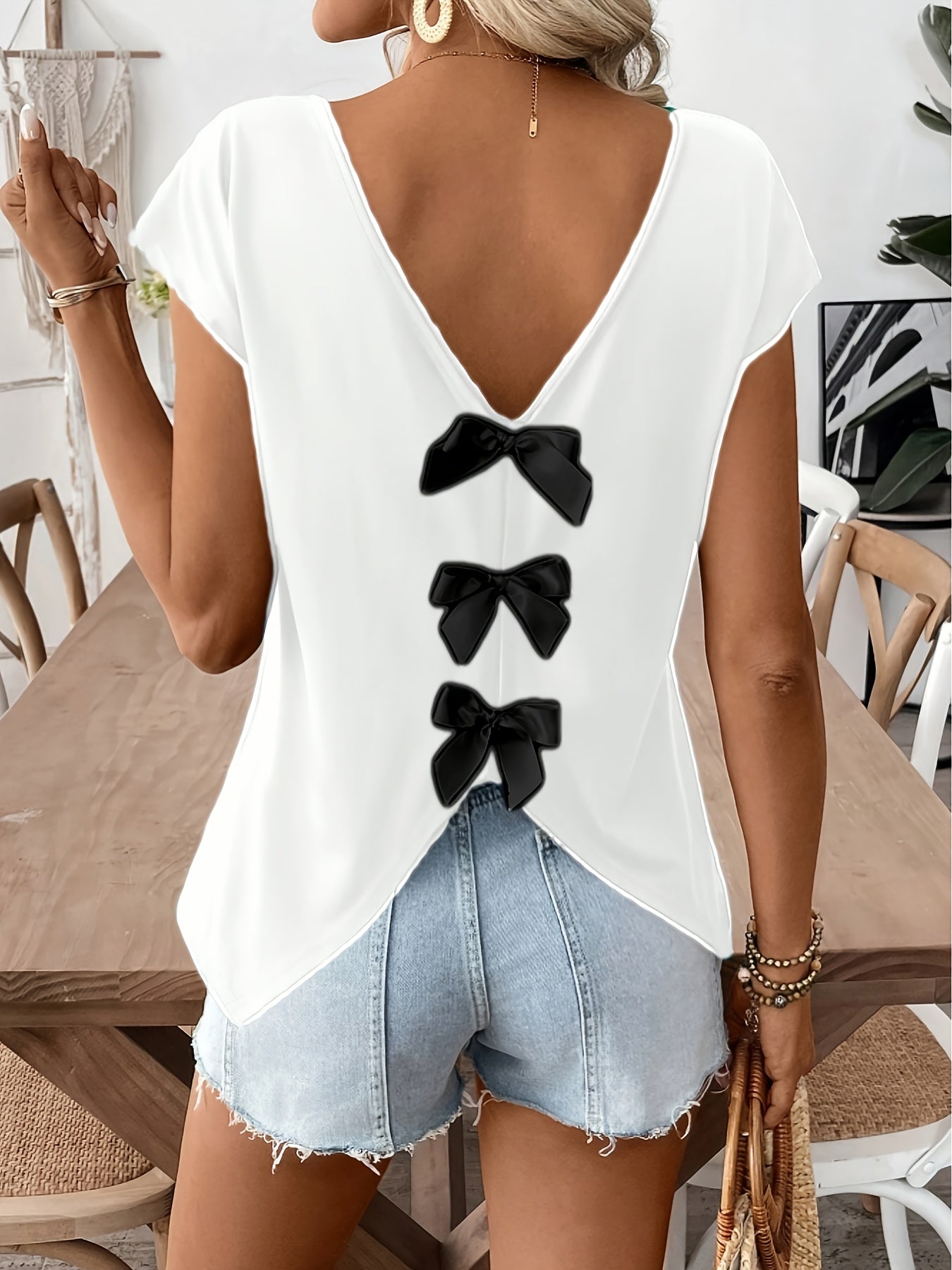 Damen Sommer Top mit Rückenausschnitt und Schleifen, modisches Freizeitshirt für Frühling und Sommer