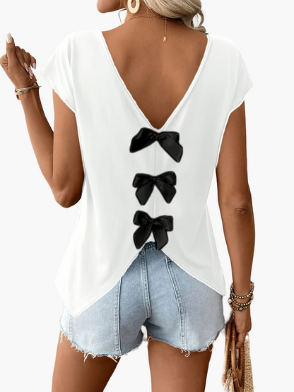 Damen Sommer Top mit Rückenausschnitt und Schleifen, modisches Freizeitshirt für Frühling und Sommer