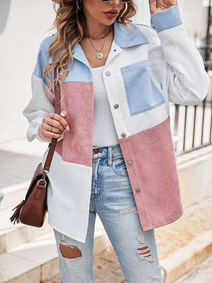 Cordhemdjacke Damen Oversized Colorblock Türkis Rosa Weiß
