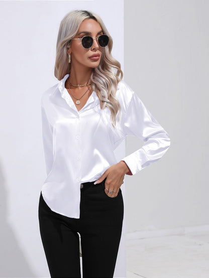 Damen Satinbluse im Cardigan-Stil – Elegante Bluse für Büro, Alltag & Feste