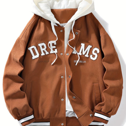 Giacca college da baseball con cappuccio, chiusura con bottoni e ricamo «DREAMS»