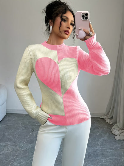 Pullover in maglia bicolore con motivo a cuori e collo alto da donna