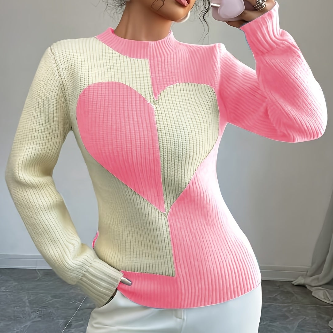 Pullover in maglia bicolore con motivo a cuori e collo alto da donna