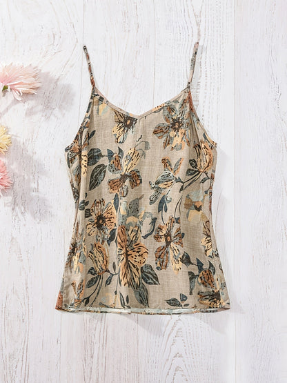 Top fleuri pour femme avec décolleté en V et fines bretelles – Estival, élégant, idéal pour les loisirs et les vacances