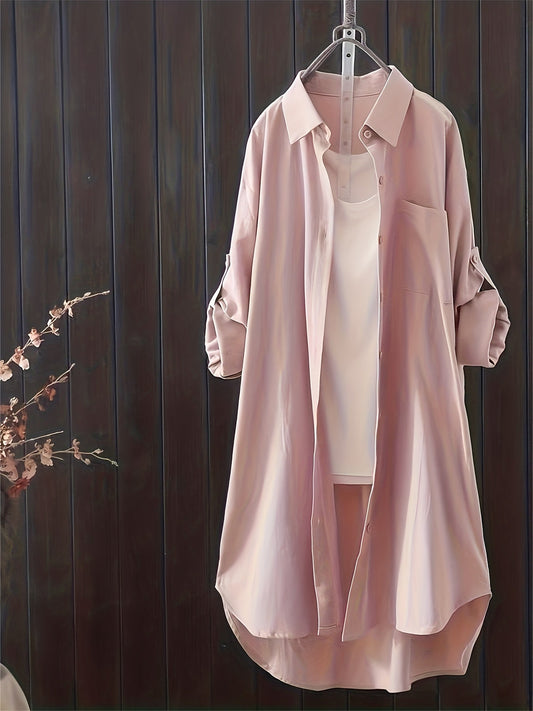 Dame langermet skjortekjole med knapper – avslappet oversized stil for vår og sommer