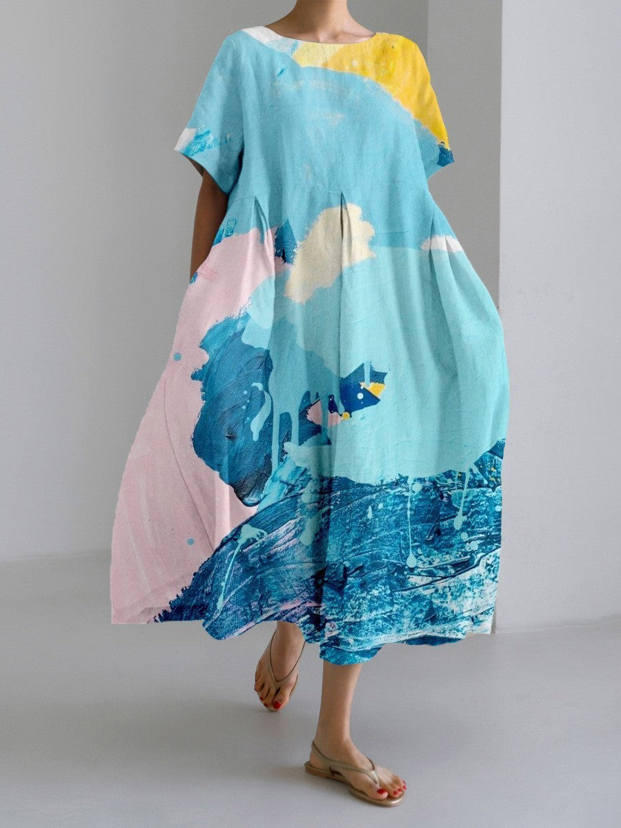 Damen Maxikleid Retro A-Linie mit großen Blumen – Sommerkleid im künstlerischen Vintage-Stil, Elegantes Freizeitkleid