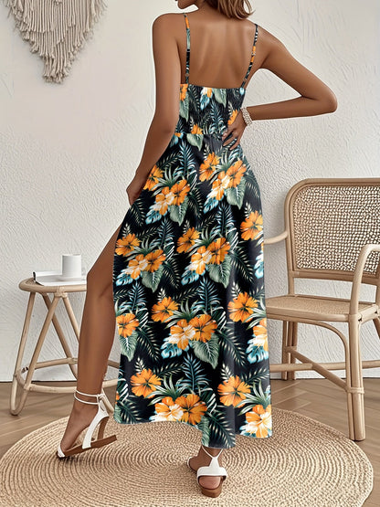 Robe longue femme à motif floral tropical avec bretelles spaghetti – Parfaite pour les vacances et l'été