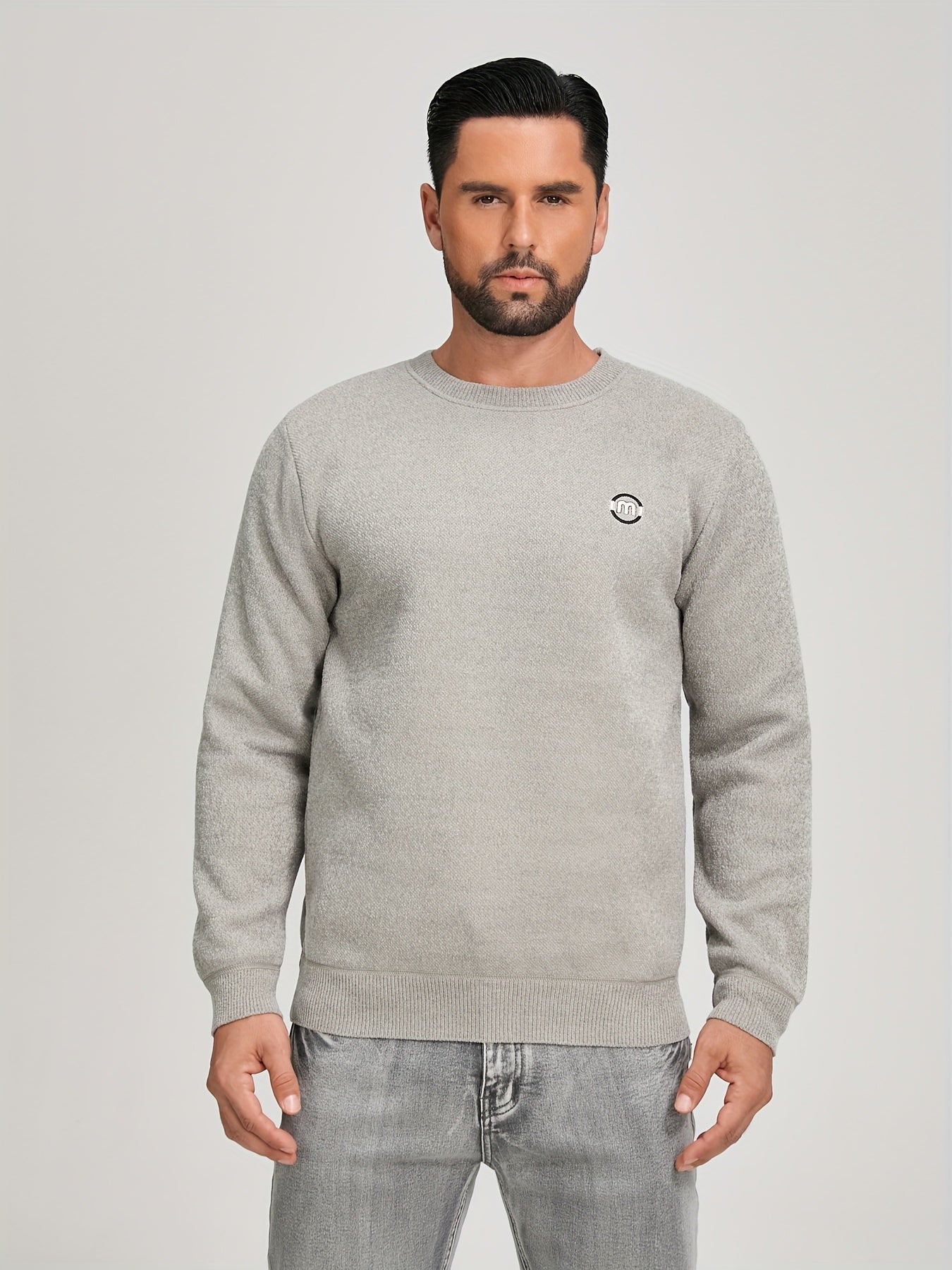 Unisex Winter Pullover Rundhals Grau meliert Warm gefüttert