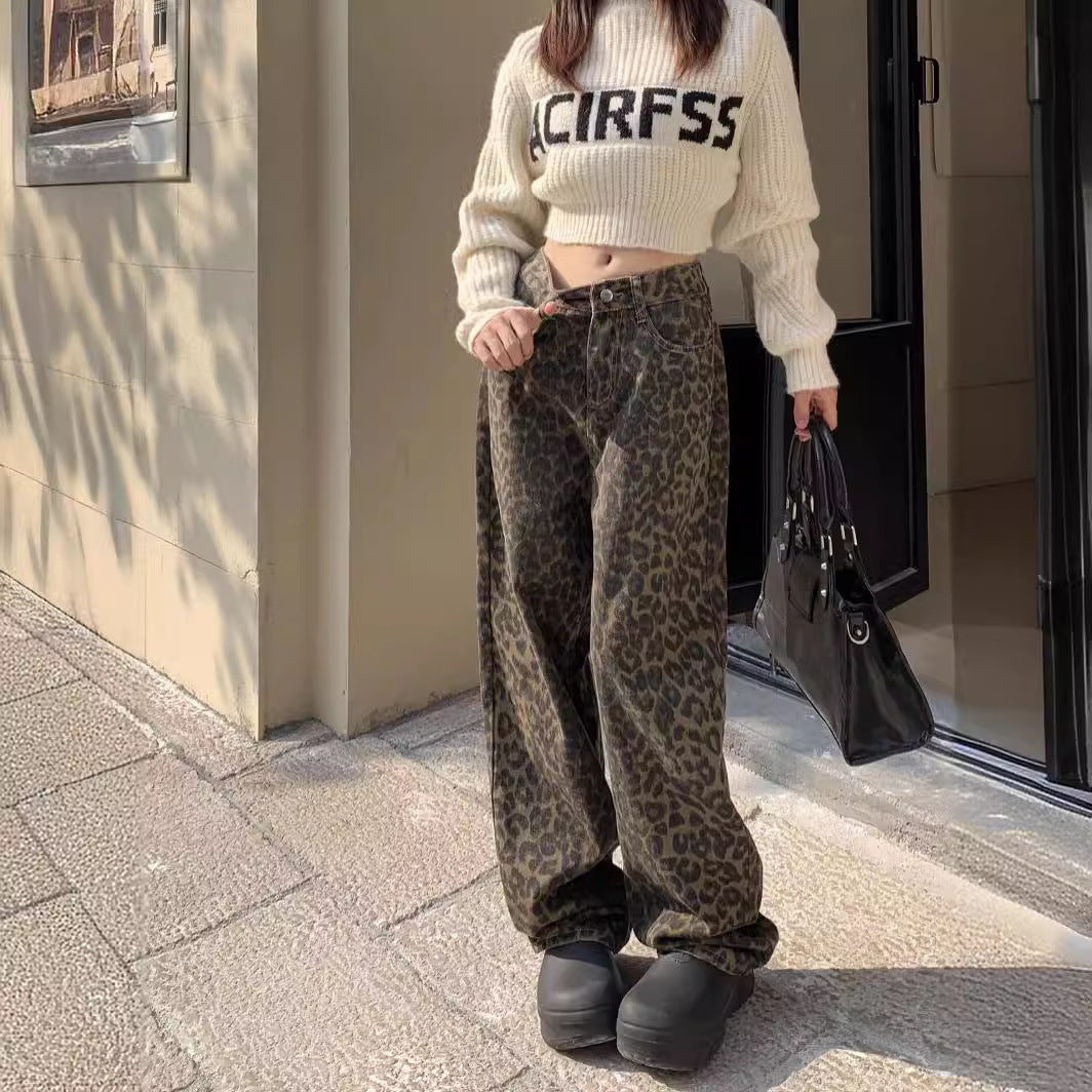 Christine – Leopardenmuster Weite Jeans mit lässigem Schnitt