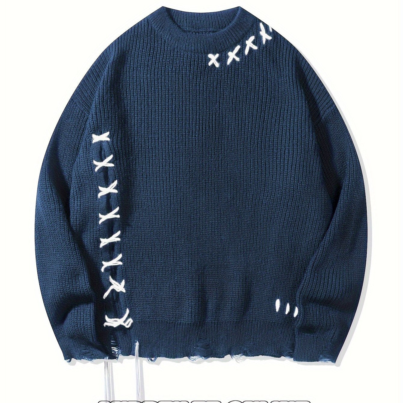 Unisex Strickpullover mit Kreuzstich-Detail und zerrissenem Saum