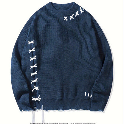 Unisex Strickpullover mit Kreuzstich-Detail und zerrissenem Saum