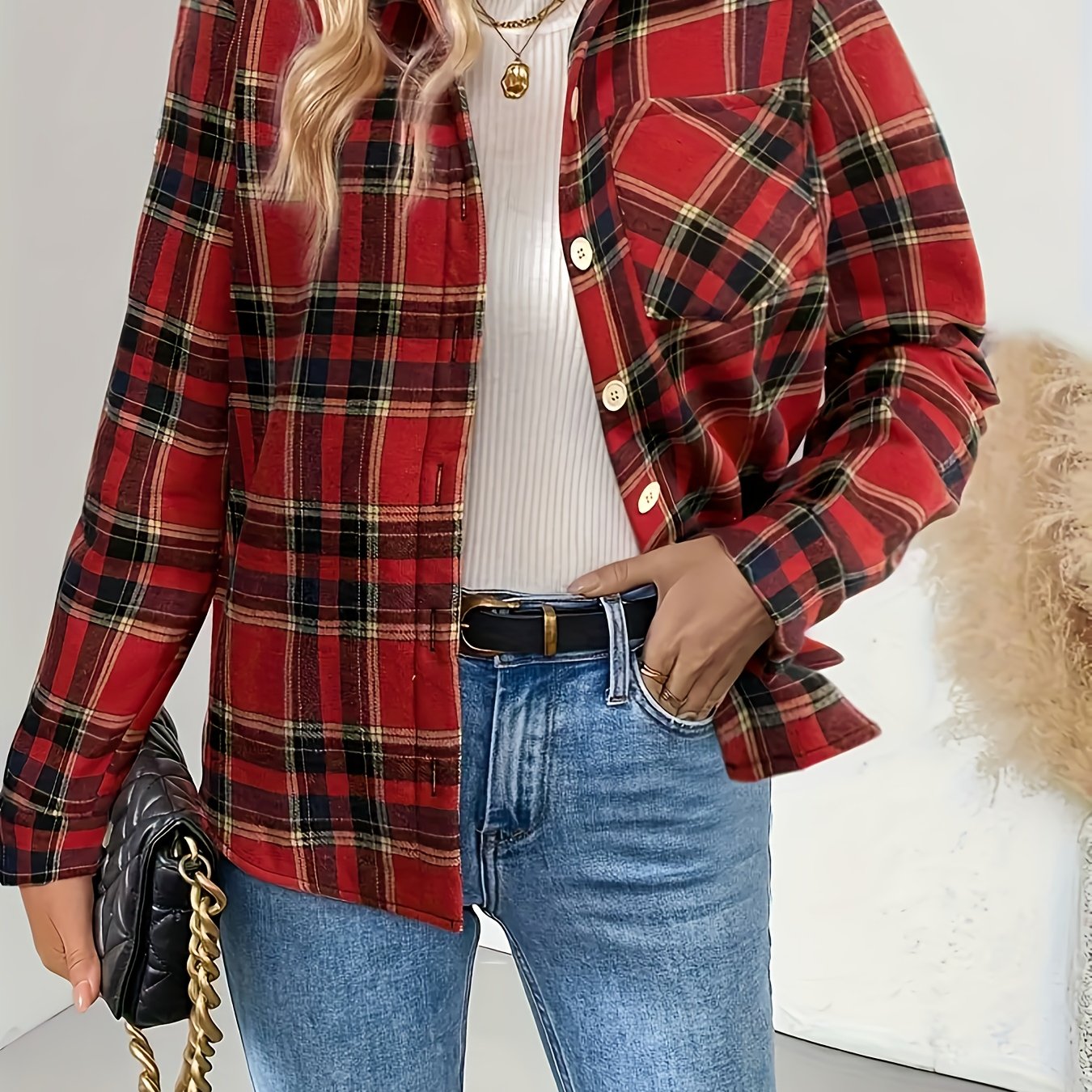 Camisa de cuadros para mujer con forro cálido – verde/rojo, manga larga