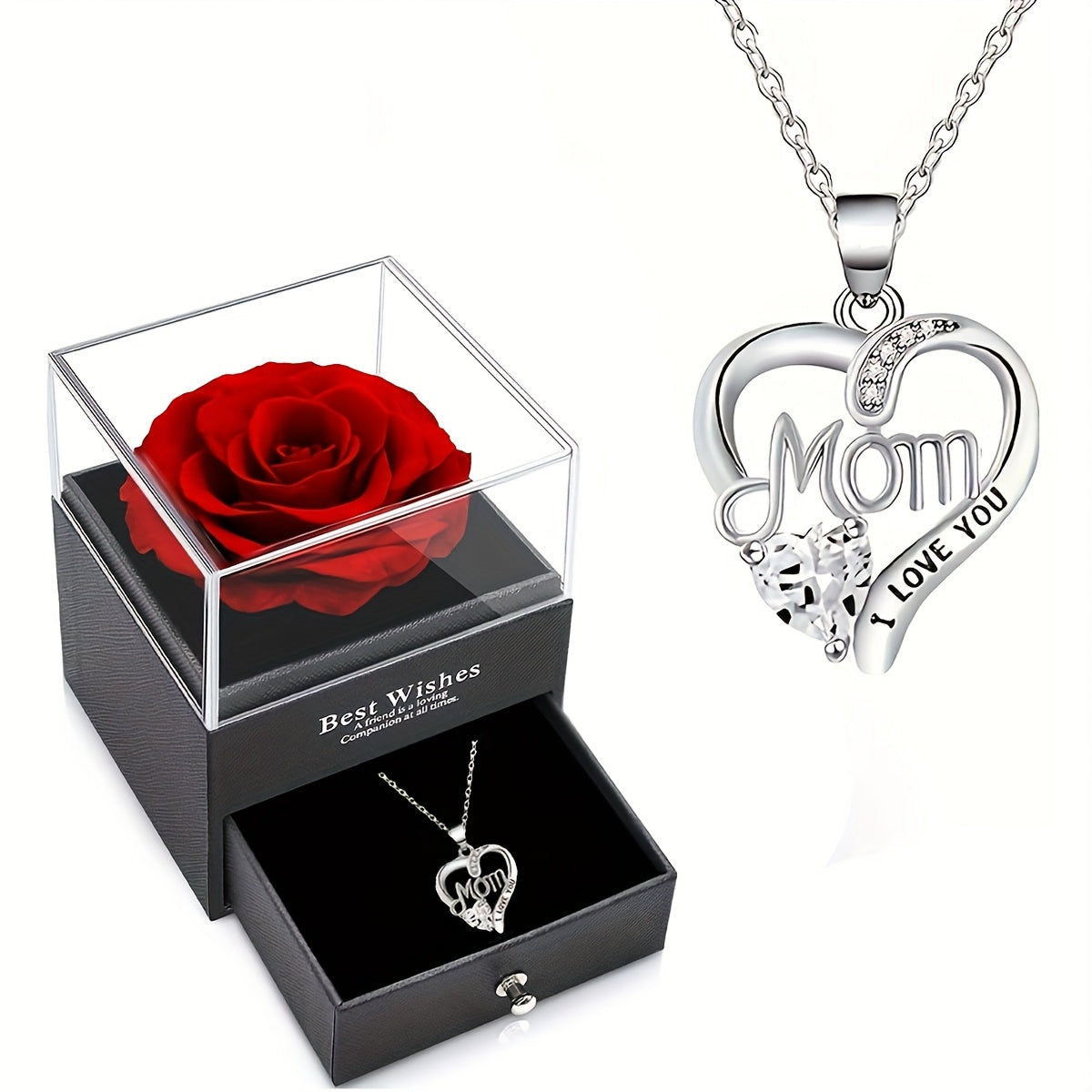 Damen Schmuckset Herz Halskette mit Anhänger 'Mom I Love You' und Geschenkbox mit Ewiger Rose – Elegantes Muttertagsgeschenk