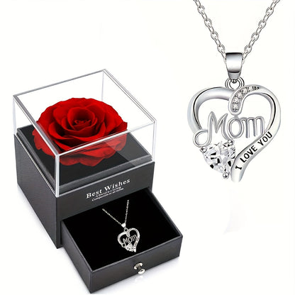 Damen Schmuckset Herz Halskette mit Anhänger 'Mom I Love You' und Geschenkbox mit Ewiger Rose – Elegantes Muttertagsgeschenk