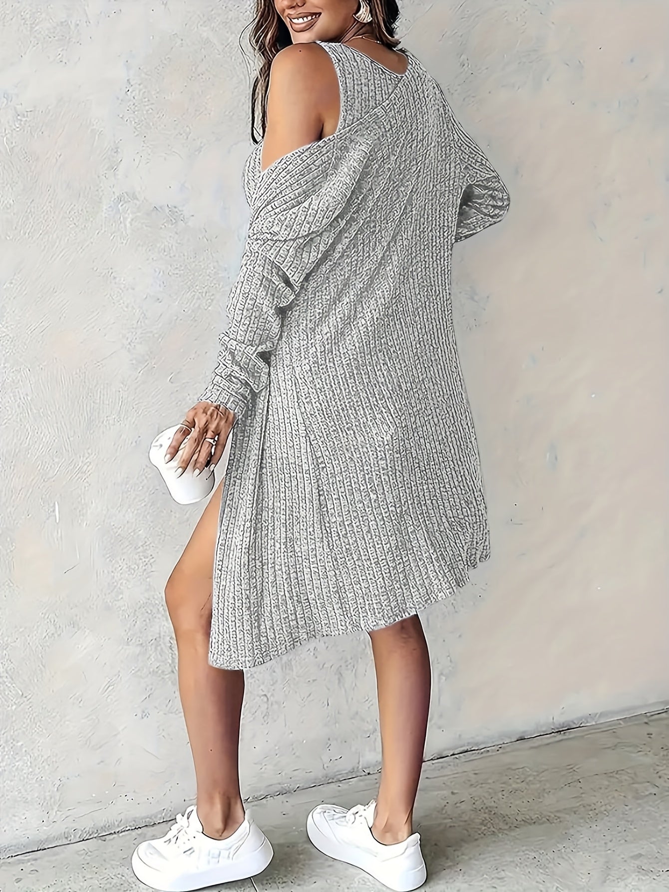 Geripptes 2-teiliges Set Damen Minikleid & Cardigan Grau