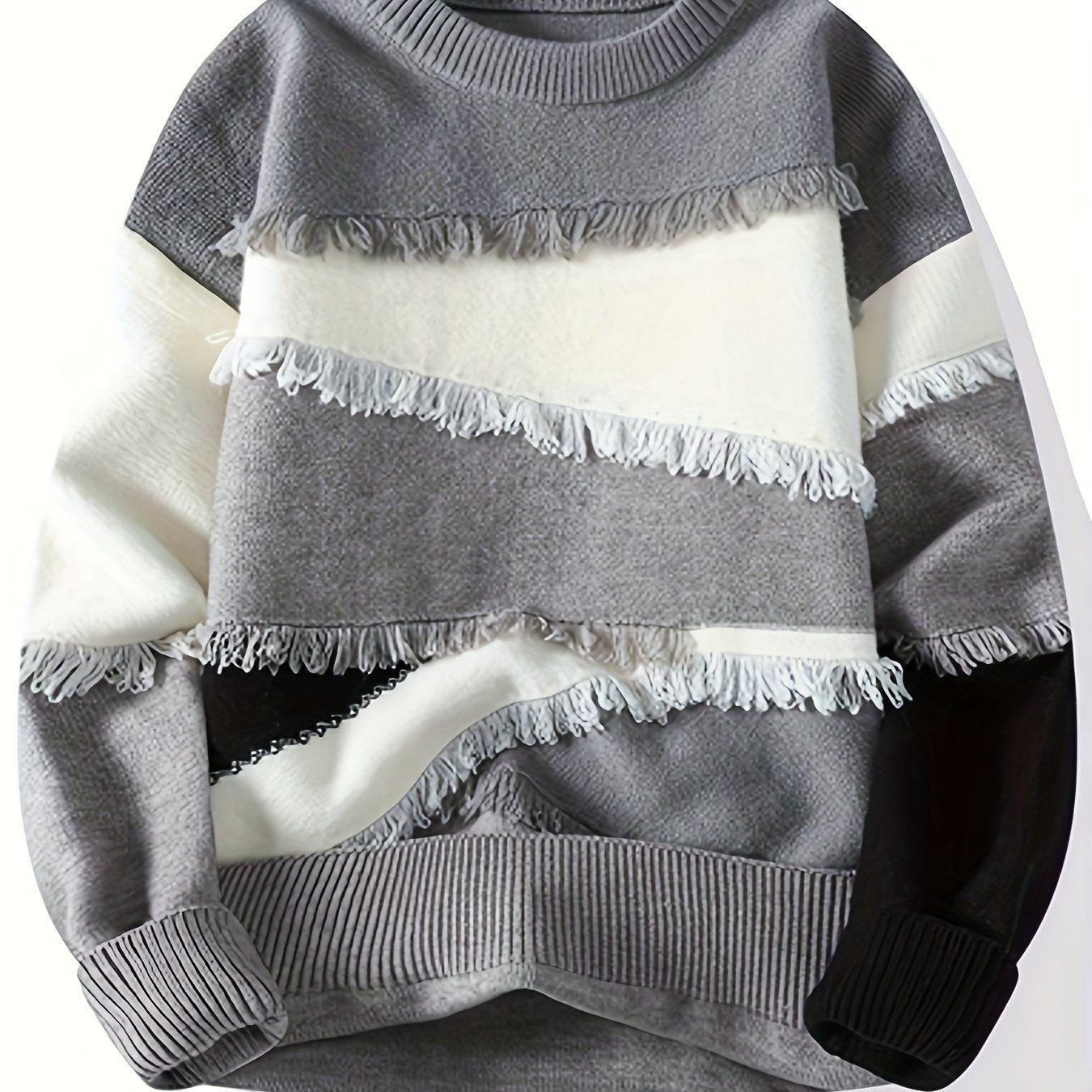 Unisex Patchwork Pullover mit Fransen Rundhals Langarm Strickpullover Mehrfarbig