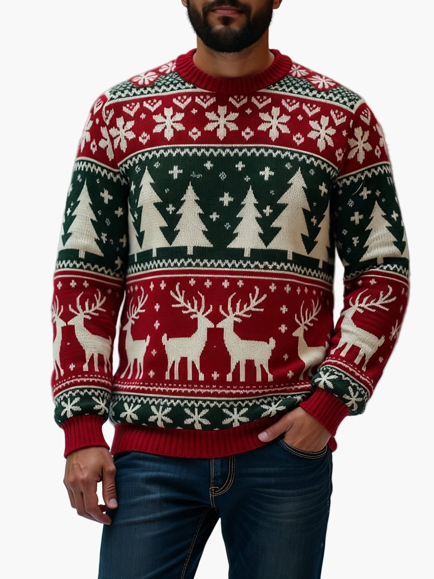 Herren Weihnachtspullover mit Rentier- und Tannenbaum-Muster – Perfekt für festliche Anlässe und Partys