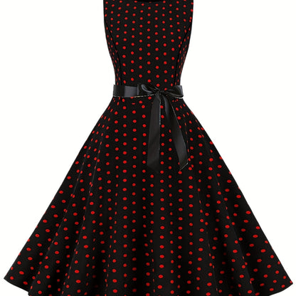 Damen Vintage Polka Dot Fit & Flare Partykleid mit Gürtel, ärmellos, Retro Sommerkleid