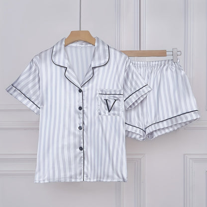 Set pigiama donna manica corta con righe e abbottonatura – Set comodo di biancheria da notte estiva