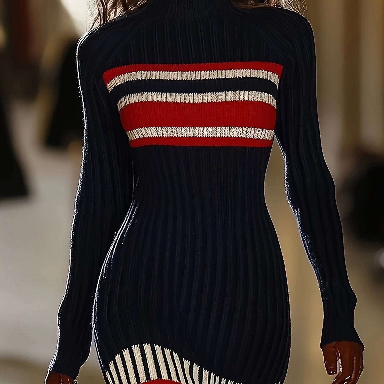Damen Rollkragen Strickkleid Rippenmuster Marineblau Rot Weiß Gestreift