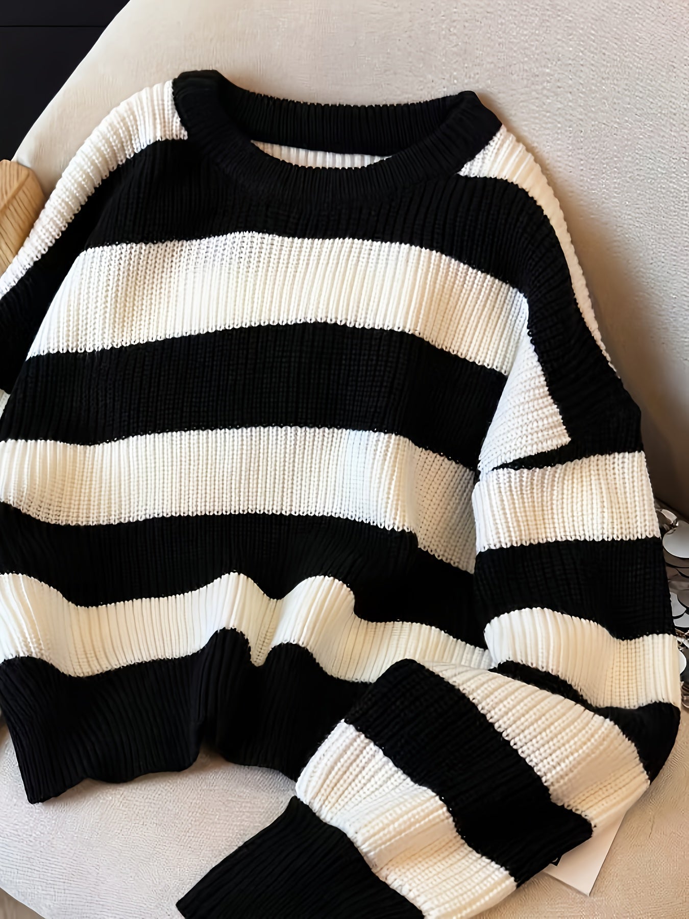 Gestreifter Pullover Damen Schwarz Weiß Langarm Rundhals Strickpullover