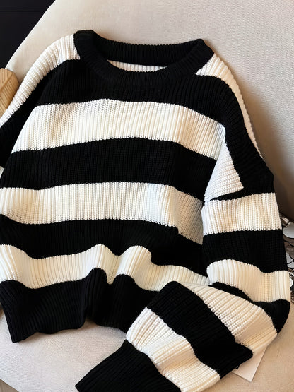 Gestreifter Pullover Damen Schwarz Weiß Langarm Rundhals Strickpullover