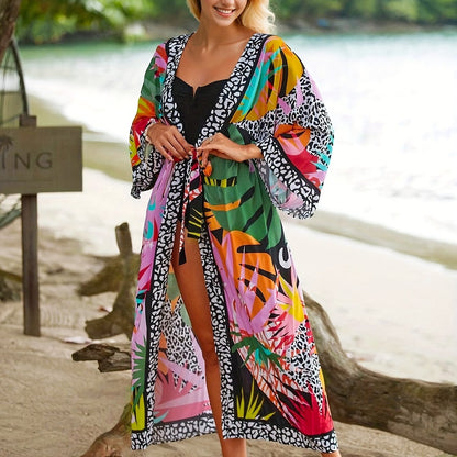 Dame strandkimono lang med tropisk mønster og dyreprint – Perfekt for ferie og resort