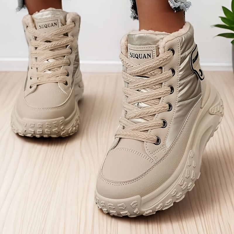 Winterstiefeletten Damen Beige Gefüttert Plateau Sohle