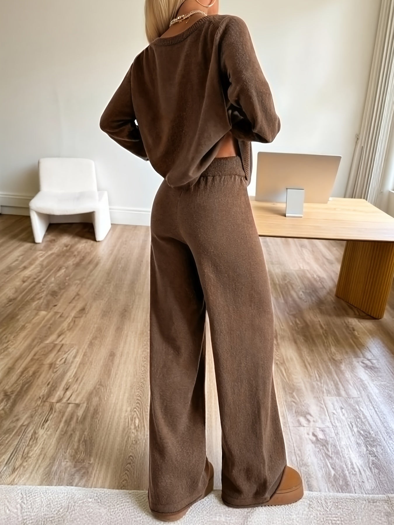 Damen Strick-Loungewear Set Braun mit weitem Bein