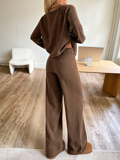 Damen Strick-Loungewear Set Braun mit weitem Bein