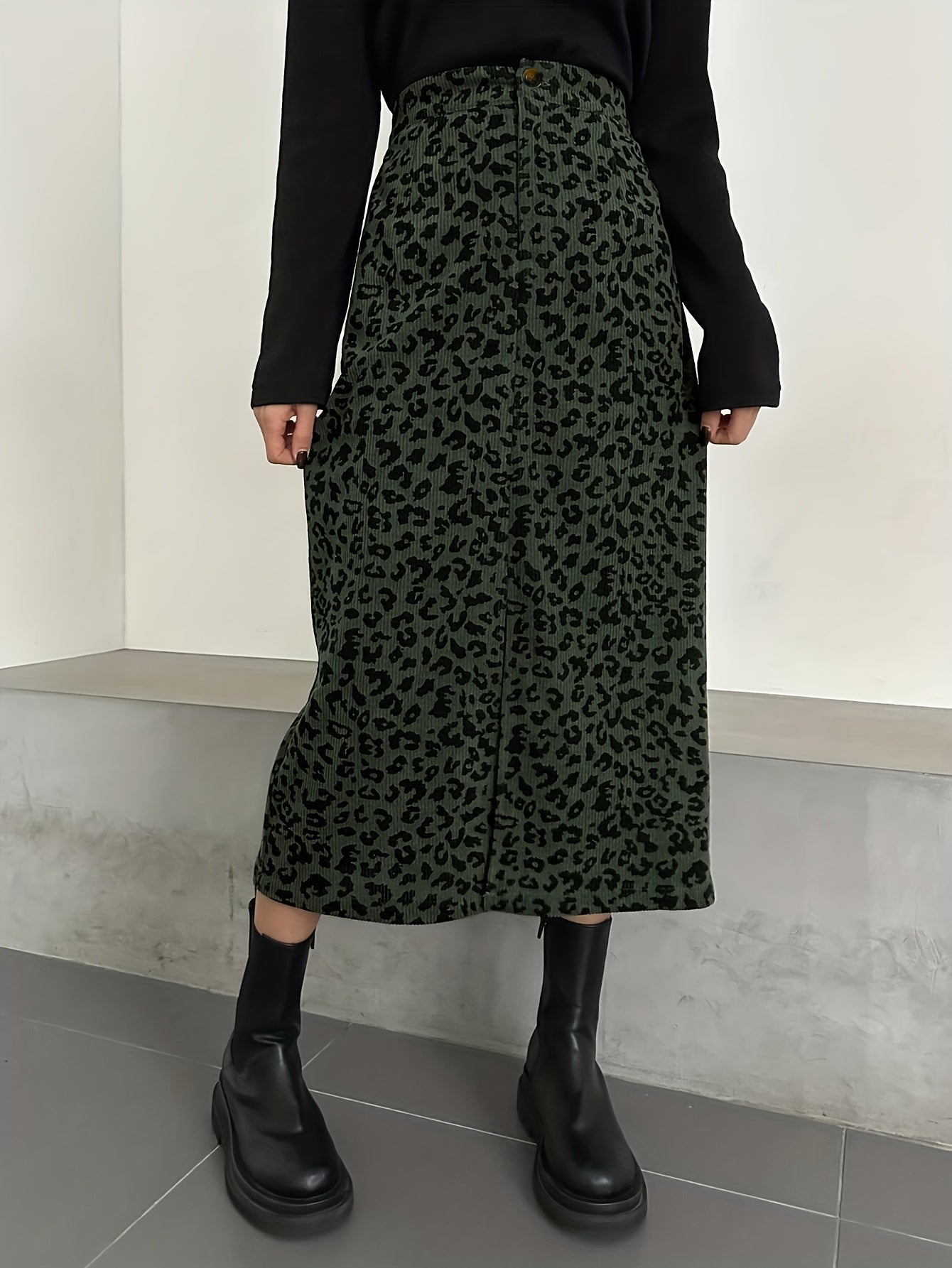 Gonna midi da donna con motivo leopardato e spacco