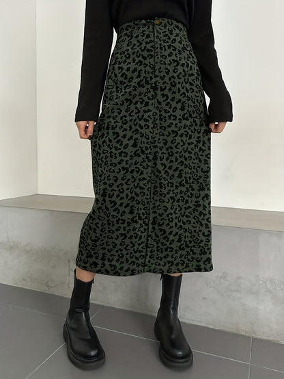 Gonna midi da donna con motivo leopardato e spacco